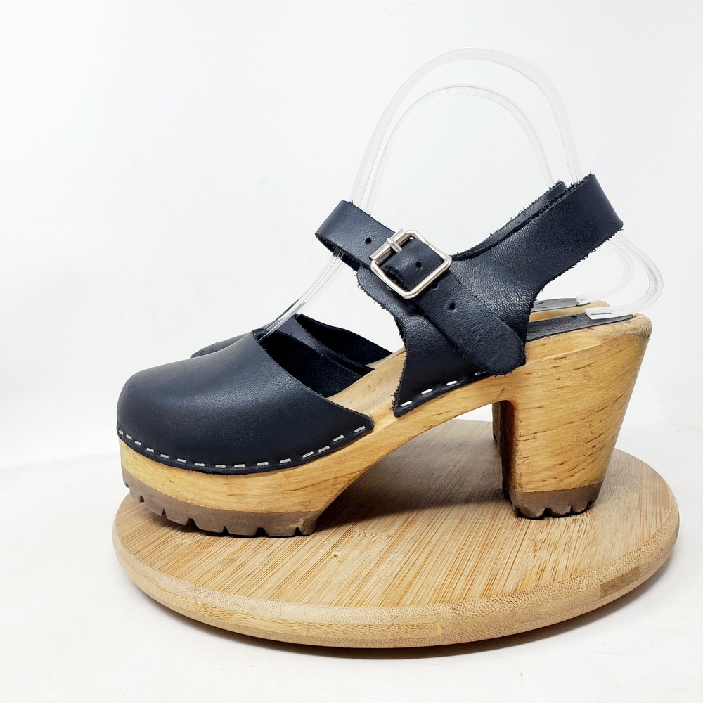 MIA Abba Clogs Womens 36 Black Leather Ankle Strap Closed Toe Wood Lug Sole Shoe